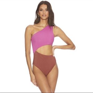 NEW Beach Riot Celine Cutout One Shoulder One Piece Swimsuit Hot Pink & Rust XS